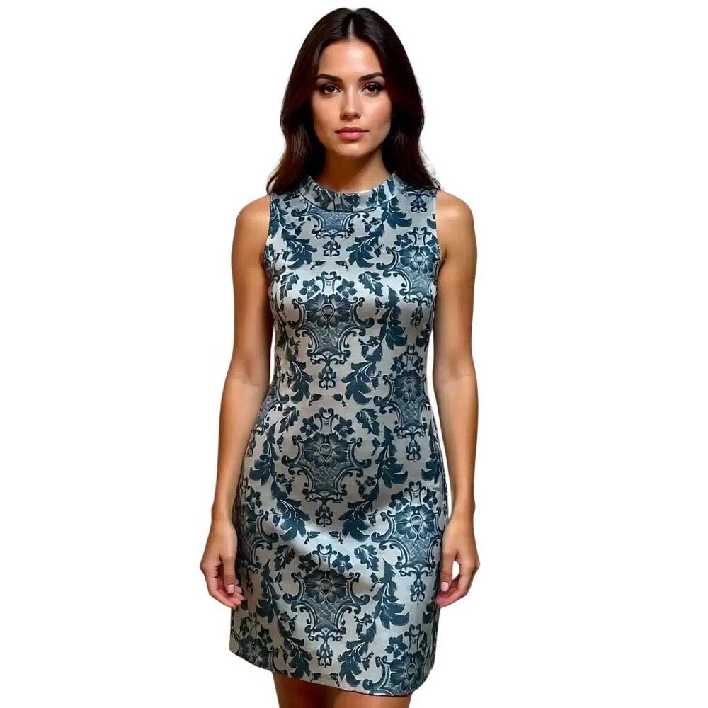 Merona Women Blue Silver Damask Brocade Sleeveless Mock Neck Sheath Dress 8  NWT